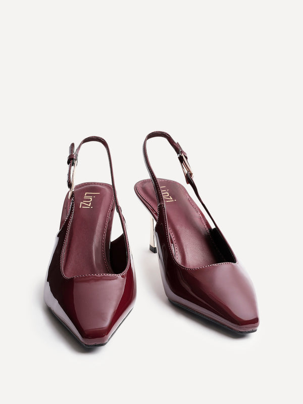 Linzi Burgundy Faux Leather Court Heel With Gold Heel Detail