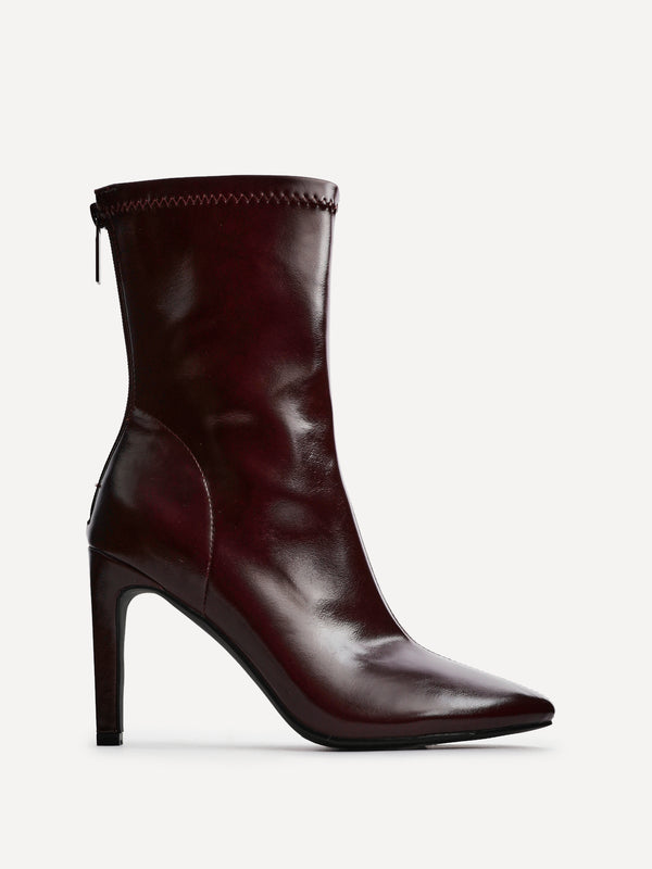 Linzi Burgundy Faux Leather Pointed Stretch Heeled Ankle Boot