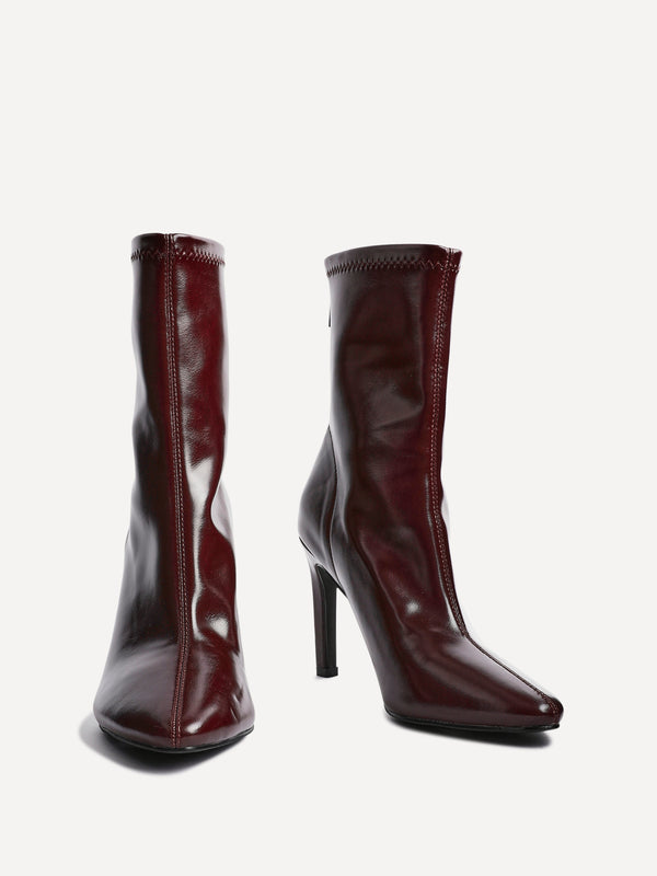 Linzi Burgundy Faux Leather Pointed Stretch Heeled Ankle Boot