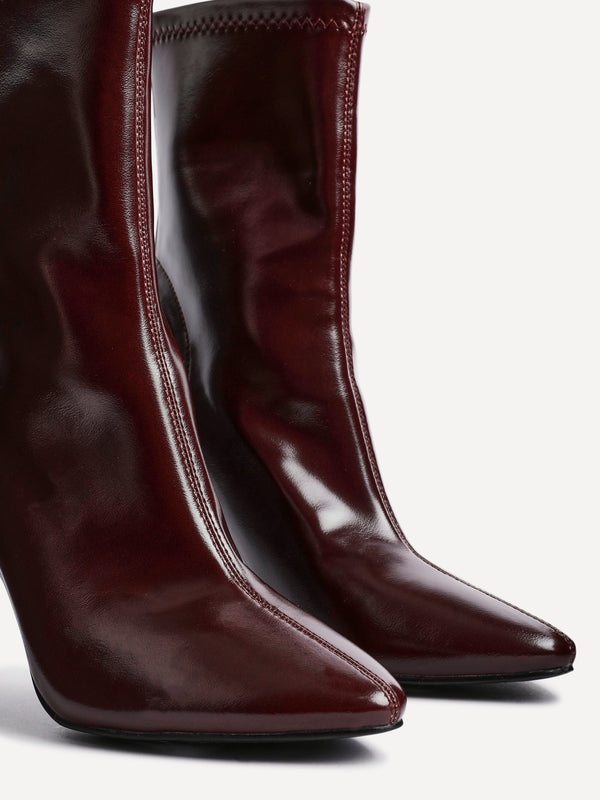 Linzi Burgundy Faux Leather Pointed Stretch Heeled Ankle Boot