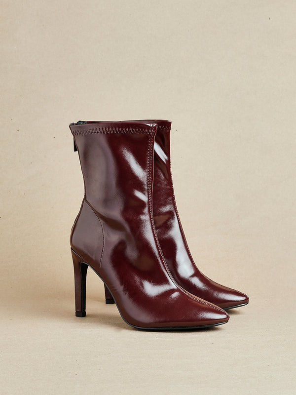 linzi Burgundy Faux Leather Pointed Stretch Heeled Ankle Boot