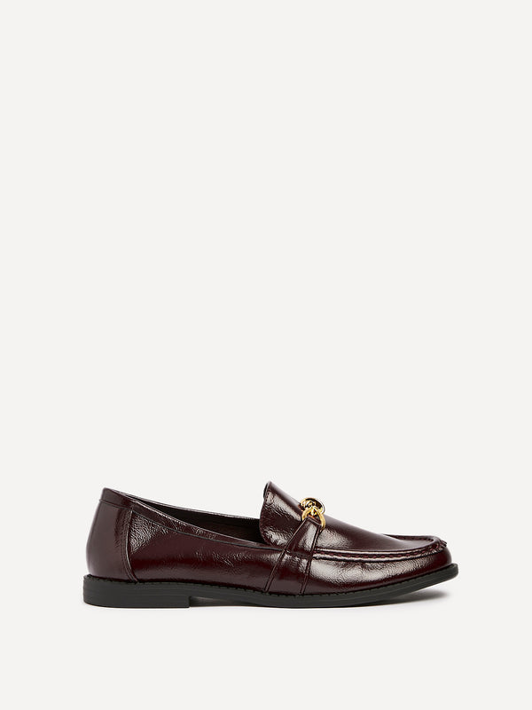 Linzi Burgundy Faux Leather Slip On Loafer With Buckle Detail