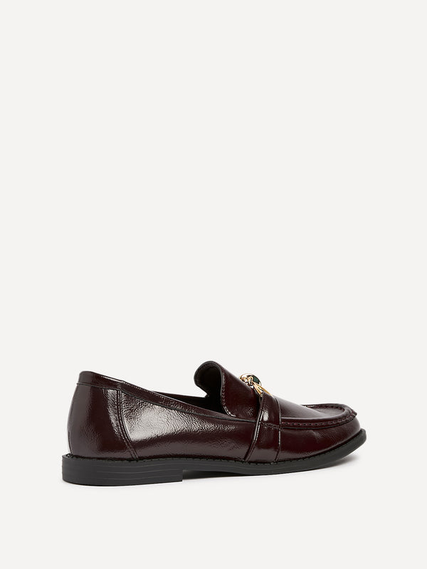 Linzi Burgundy Faux Leather Slip On Loafer With Buckle Detail