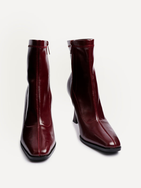 Linzi Burgundy Faux Leather Square Toe Heeled Sock Boot