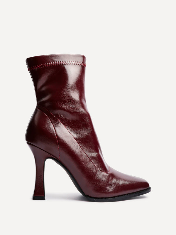 Linzi Burgundy Faux Leather Square Toe Heeled Sock Boot