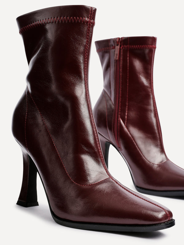 Linzi Burgundy Faux Leather Square Toe Heeled Sock Boot