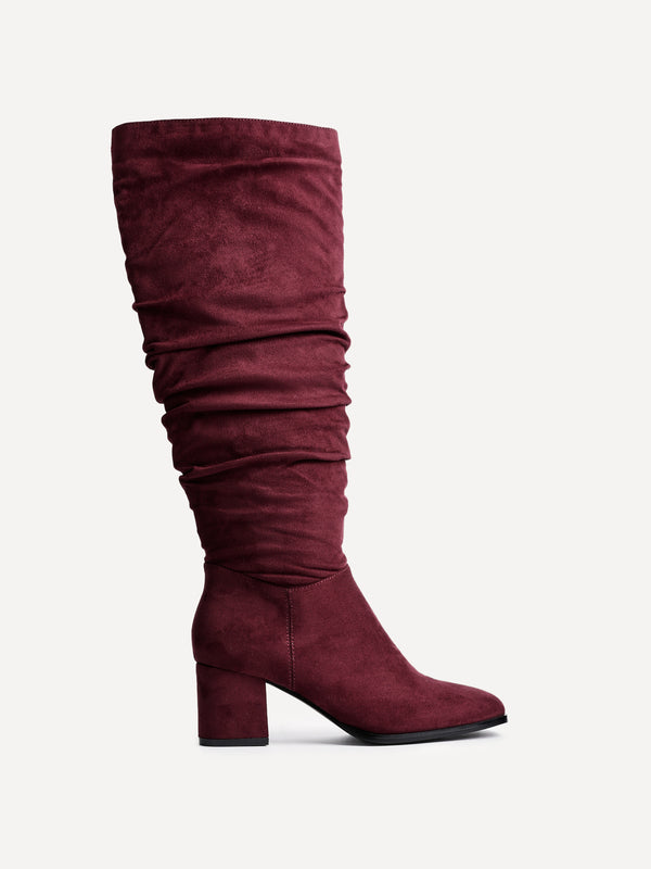 Linzi Burgundy Faux Suede Knee High Block Heeled Ruched Boot With Square Toe