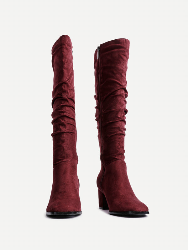 Linzi Burgundy Faux Suede Knee High Block Heeled Ruched Boot With Square Toe