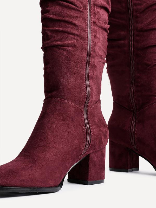 Linzi Burgundy Faux Suede Knee High Block Heeled Ruched Boot With Square Toe