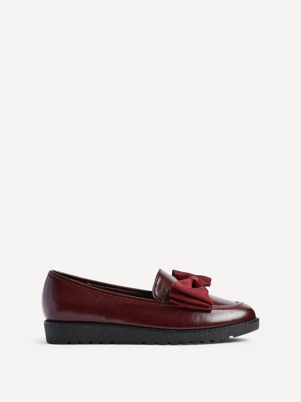 Linzi Burgundy High Shine Classic Slip On Loafer With Fabric Bow Detail