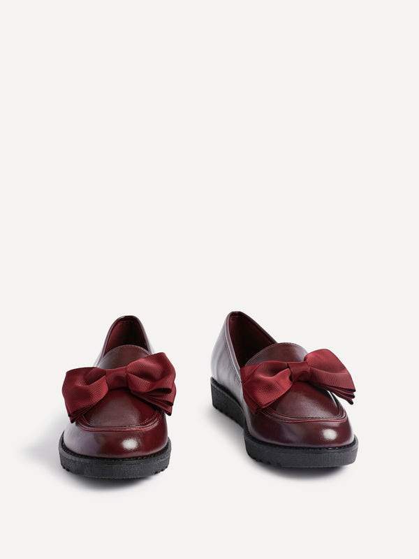 Linzi Burgundy High Shine Classic Slip On Loafer With Fabric Bow Detail