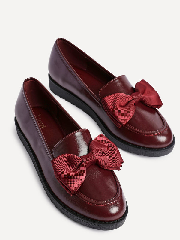 Linzi Burgundy High Shine Classic Slip On Loafer With Fabric Bow Detail