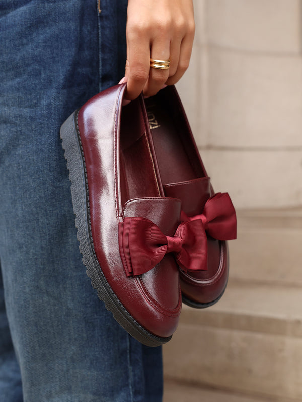 linzi Burgundy High Shine Classic Slip On Loafer With Fabric Bow Detail