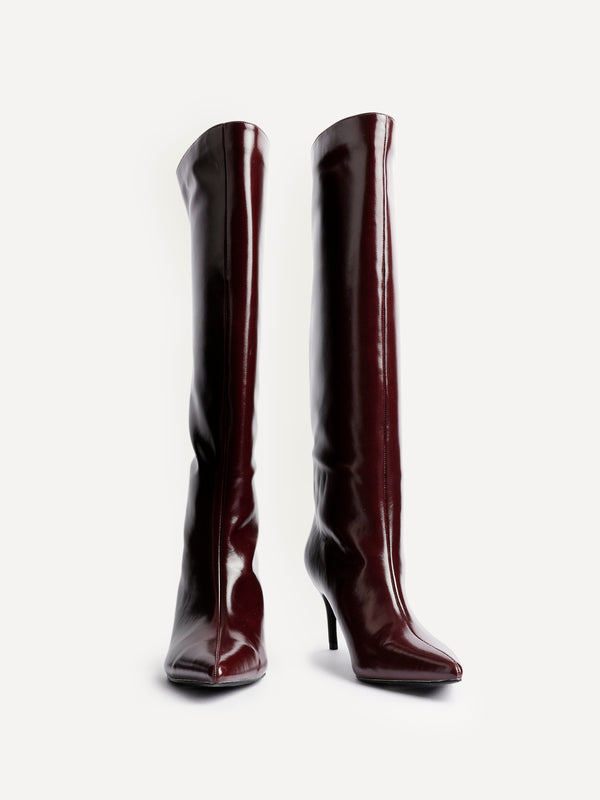 Linzi Burgundy High Shine Pointed Toe High Leg Heeled Boots