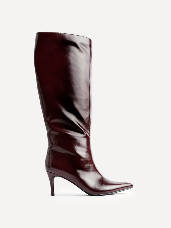 Linzi Burgundy High Shine Pointed Toe High Leg Heeled Boots