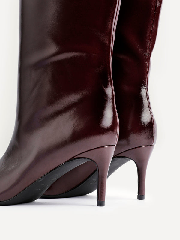 Linzi Burgundy High Shine Pointed Toe High Leg Heeled Boots