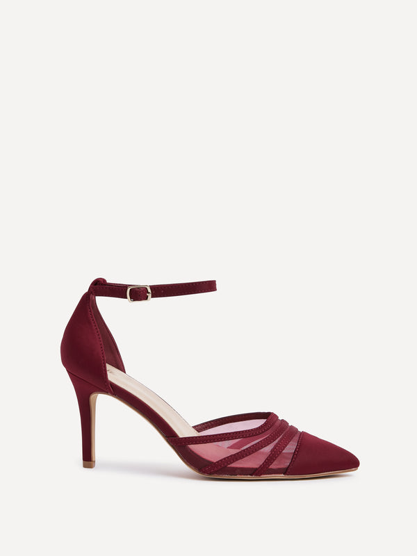 Linzi Burgundy Lycra Mesh Court Heel With Ankle Strap