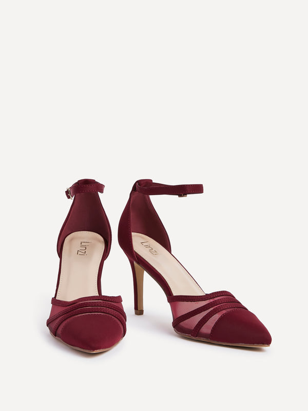 Linzi Burgundy Lycra Mesh Court Heel With Ankle Strap