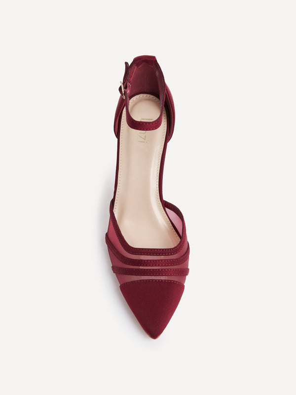 Linzi Burgundy Lycra Mesh Court Heel With Ankle Strap