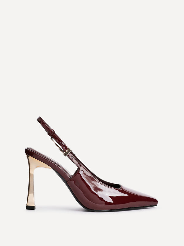 Linzi Burgundy Patent Court Heel With Gold Heel Detail