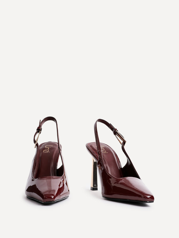 Linzi Burgundy Patent Court Heel With Gold Heel Detail