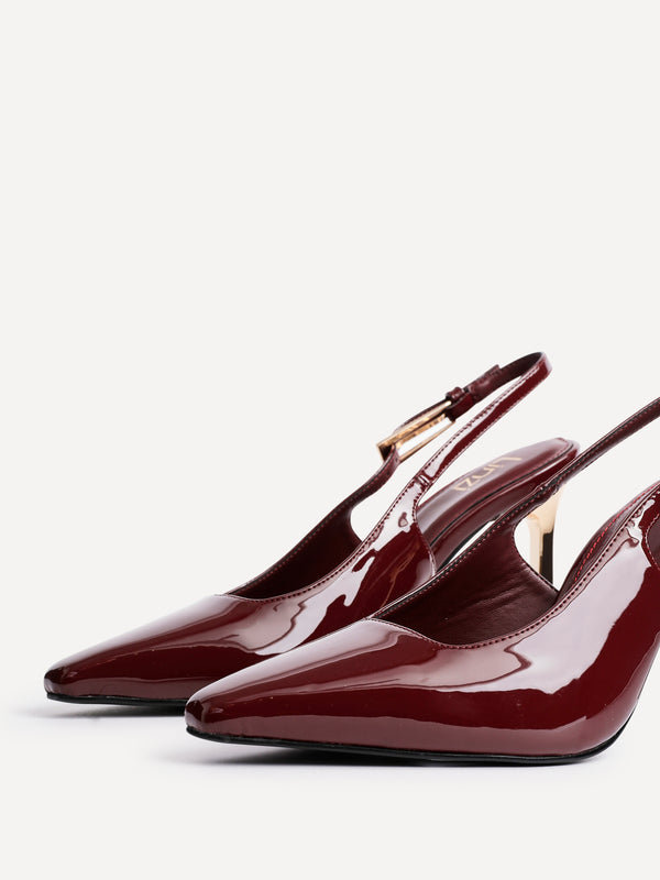 Linzi Burgundy Patent Court Heel With Gold Heel Detail