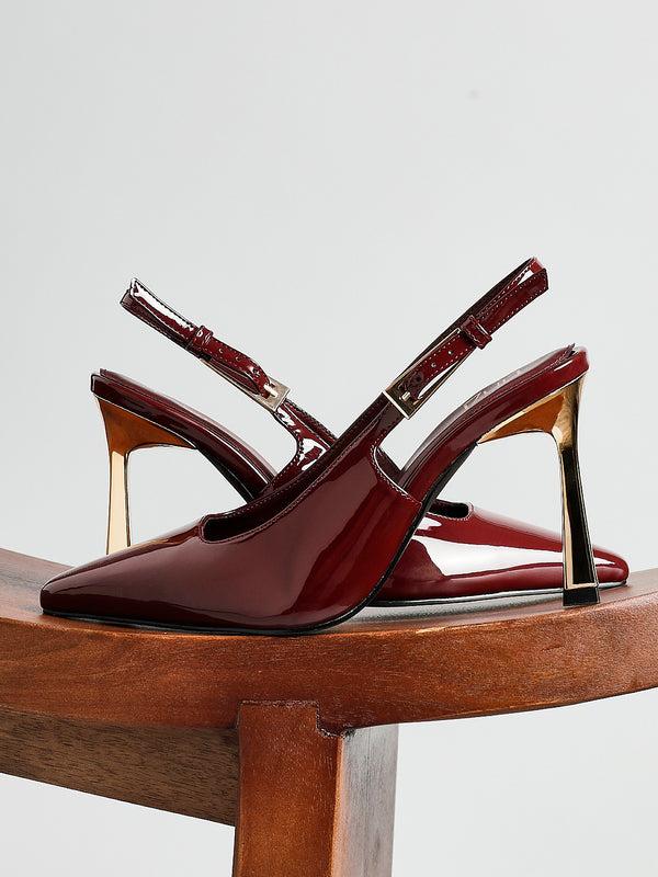 linzi Burgundy Patent Court Heel With Gold Heel Detail