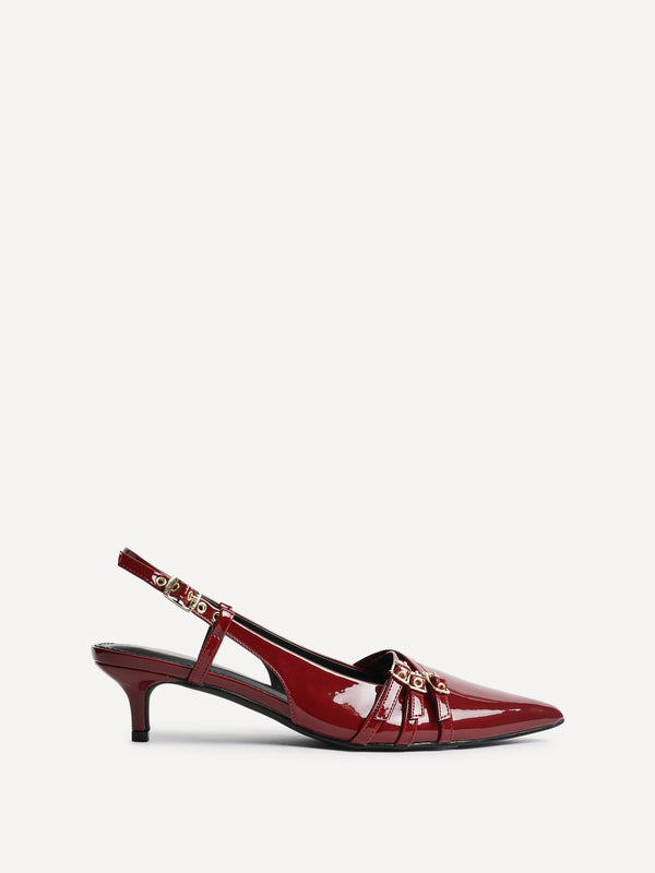 Linzi Burgundy Patent Kitten Court Heels With Buckle Detail