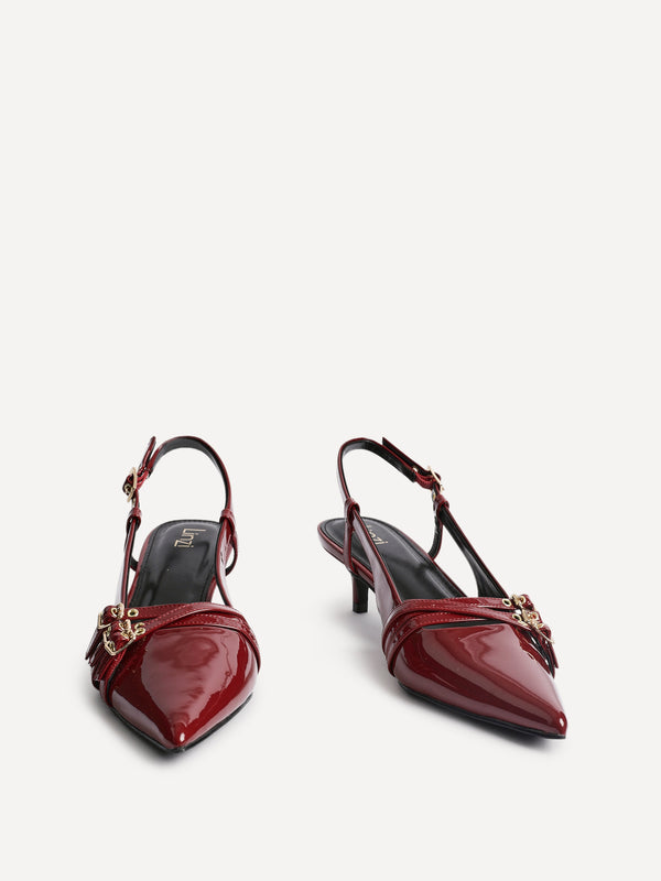 Linzi Burgundy Patent Kitten Court Heels With Buckle Detail