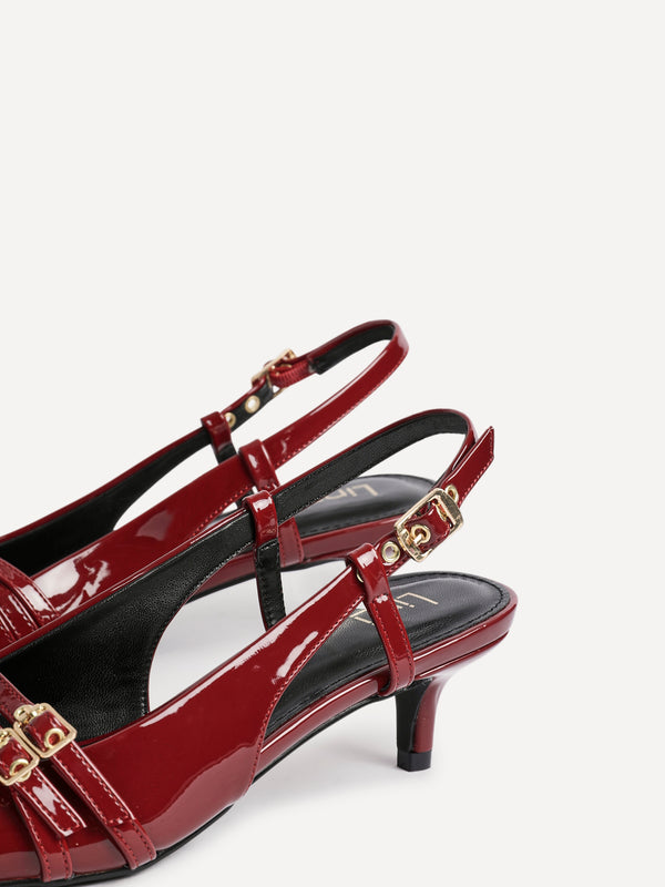 Linzi Burgundy Patent Kitten Court Heels With Buckle Detail