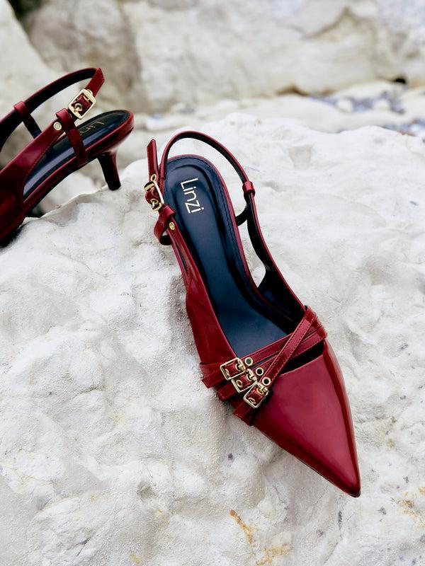 linzi Burgundy Patent Kitten Court Heels With Buckle Detail