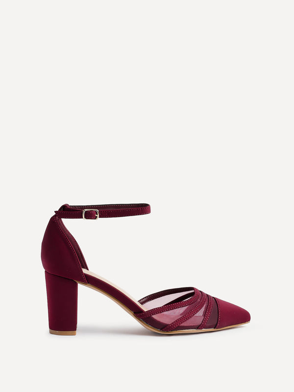 Linzi Burgundy Scuba Block Court Heel With Mesh Front Detail