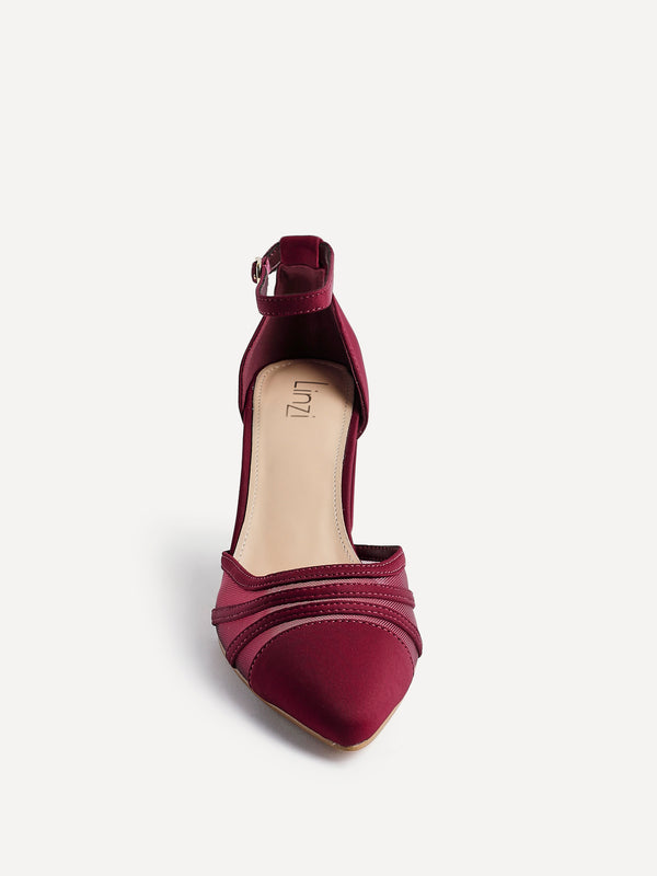 Linzi Burgundy Scuba Block Court Heel With Mesh Front Detail