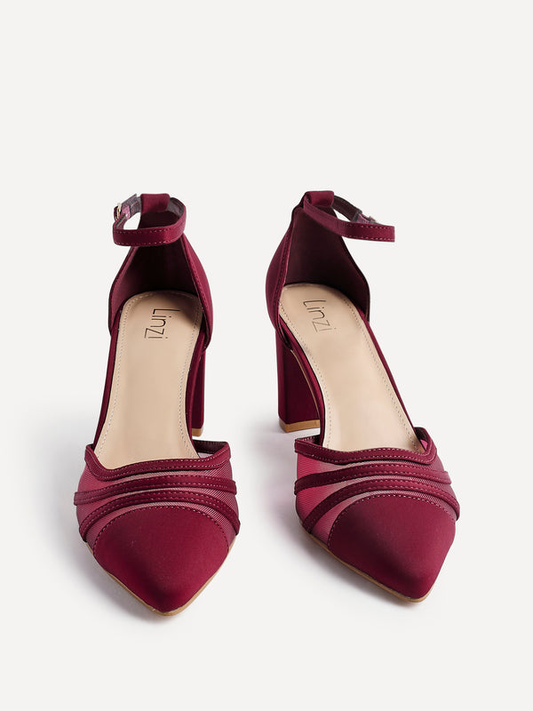 Linzi Burgundy Scuba Block Court Heel With Mesh Front Detail