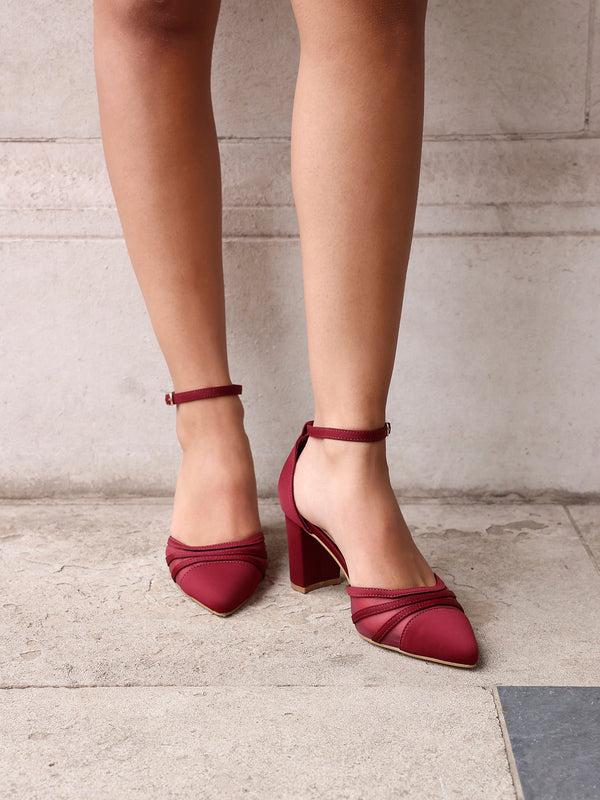 linzi Burgundy Scuba Block Court Heel With Mesh Front Detail