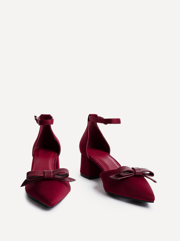 Linzi Burgundy Scuba Low Block Court Heel With Bow Detail