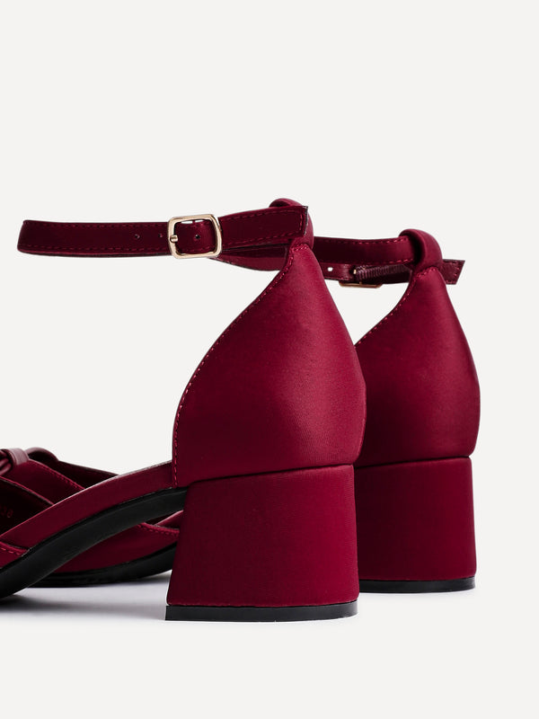 Linzi Burgundy Scuba Low Block Court Heel With Bow Detail