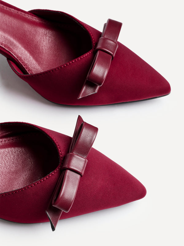 Linzi Burgundy Scuba Low Block Court Heel With Bow Detail