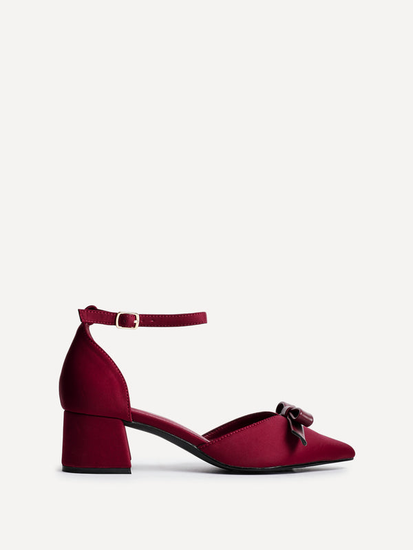linzi Burgundy Scuba Low Block Court Heel With Bow Detail