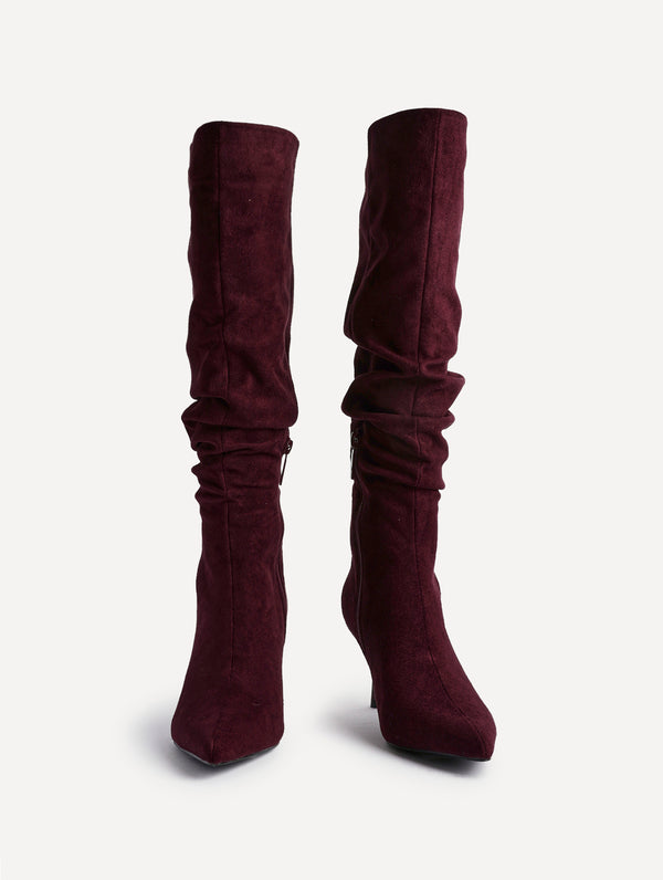 Linzi Burgundy Suede Ruched High Leg Heeled Boot With Pointed Toe