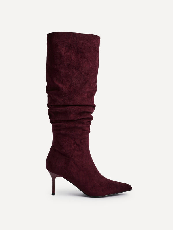 Linzi Burgundy Suede Ruched High Leg Heeled Boot With Pointed Toe