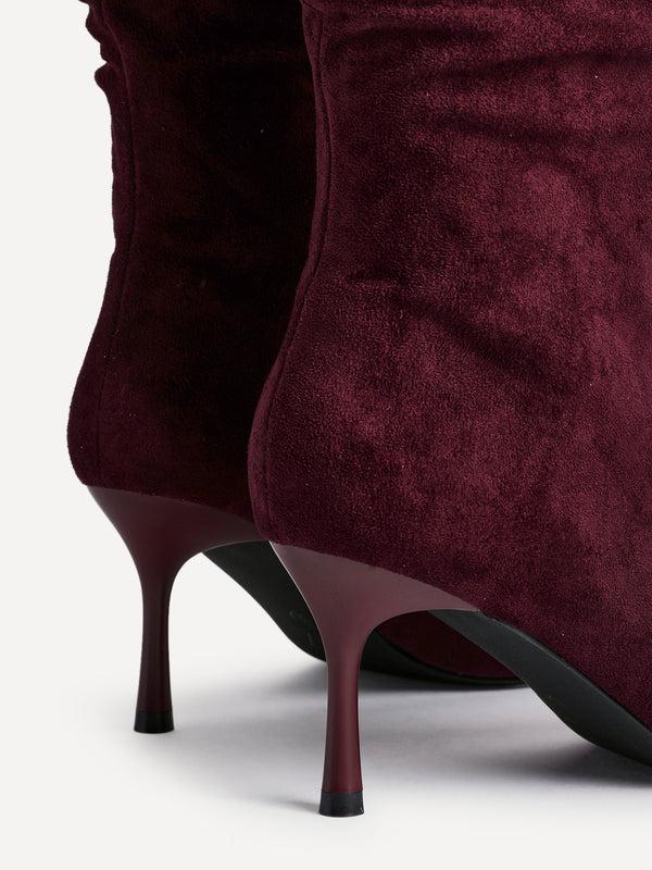 Linzi Burgundy Suede Ruched High Leg Heeled Boot With Pointed Toe