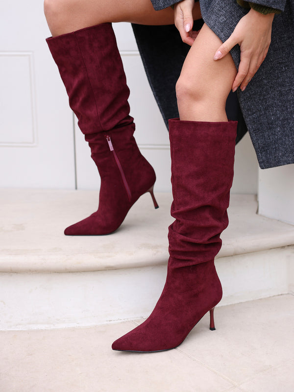 linzi Burgundy Suede Ruched High Leg Heeled Boot With Pointed Toe