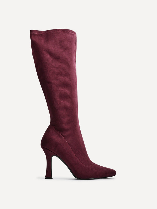 Linzi Burgundy Suede Square Toe Knee High Heeled Boot