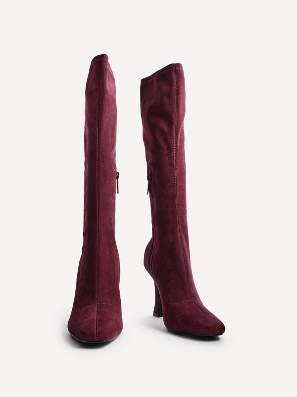 Linzi Burgundy Suede Square Toe Knee High Heeled Boot