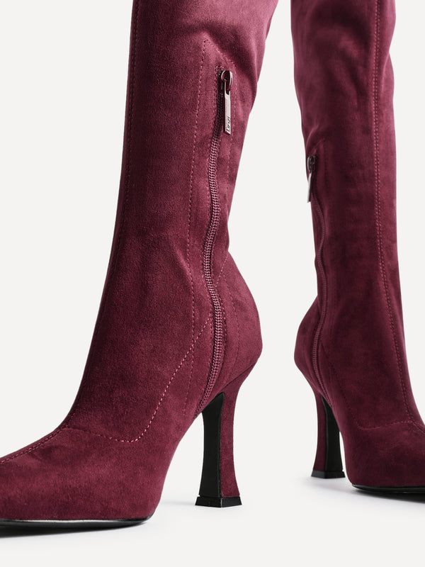 Linzi Burgundy Suede Square Toe Knee High Heeled Boot