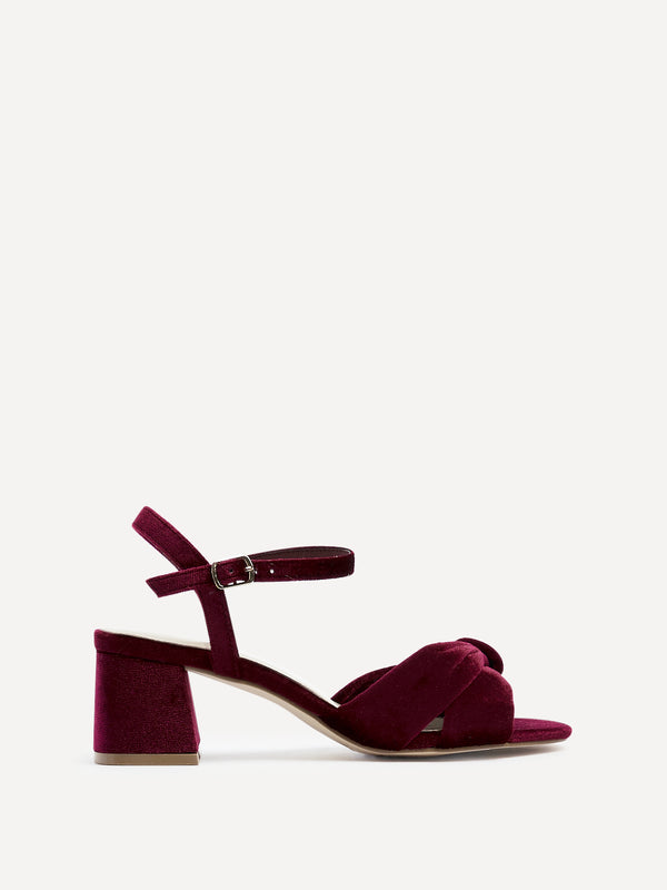 Linzi Burgundy Velvet Block Heeled Sandal With Knotted Front Strap
