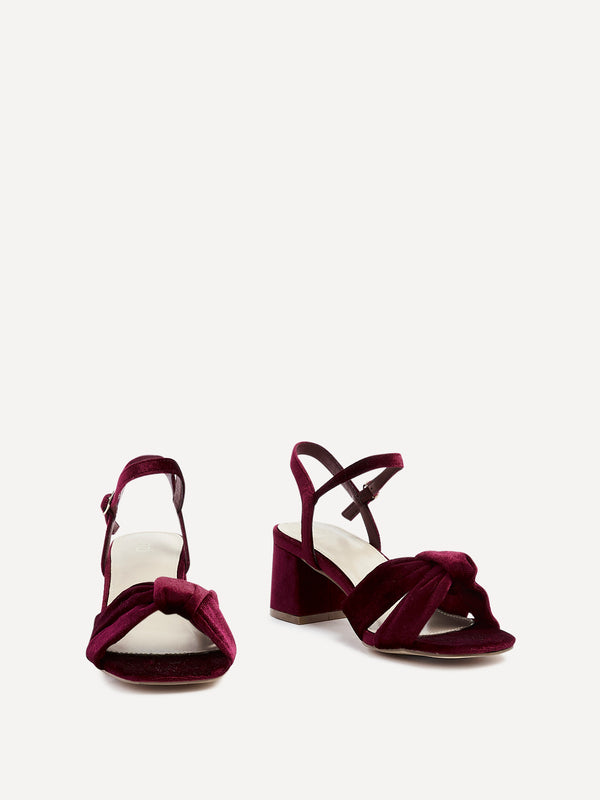 Linzi Burgundy Velvet Block Heeled Sandal With Knotted Front Strap