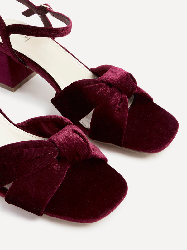 Linzi Burgundy Velvet Block Heeled Sandal With Knotted Front Strap