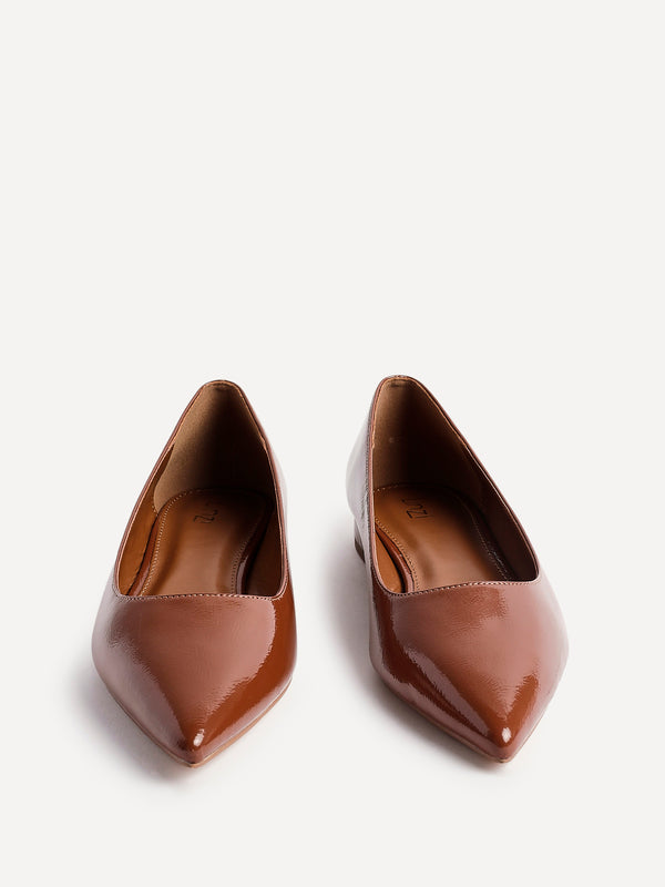Linzi Caramel Faux Leather Pointed Toe Ballet Flats
